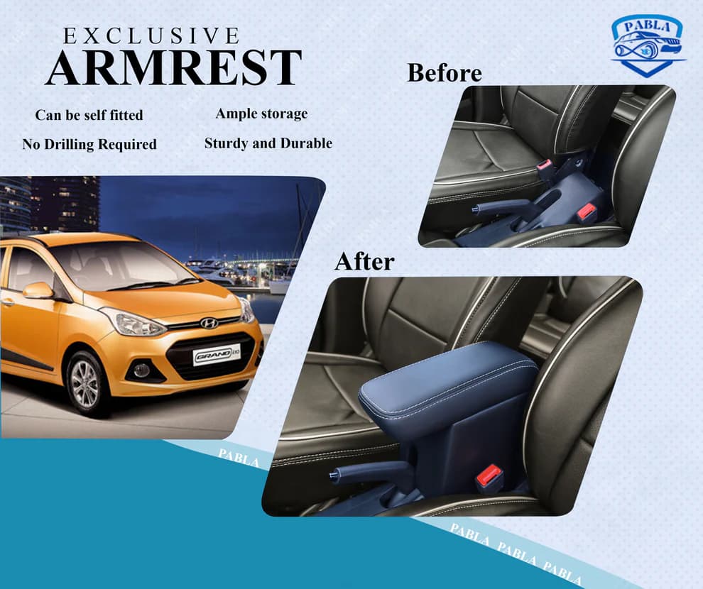 Pabla Car Center Armrest Compatible With Hyundai- I-10 Grand, Grand Nios, New Sentro 2019 To 2026 Model, Aura, X-cent, Black, Premium Comfort Padding, Spacious Storage Compartment, Easy Installation - 2