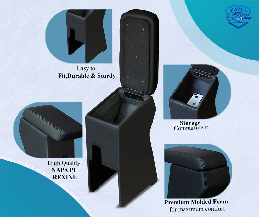 Pabla Car Center Armrest Compatible With Hyundai- I-10 Grand, Grand Nios, New Sentro 2019 To 2026 Model, Aura, X-cent, Black, Premium Comfort Padding, Spacious Storage Compartment, Easy Installation - 4