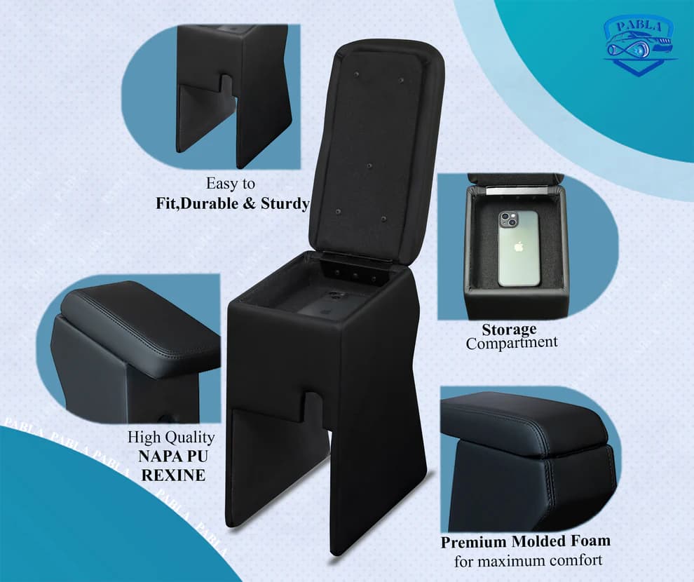 Pabla Car Center Armrest Compatible With Nexa Old Brezza 2016-2022, S-cross, Grand Vitara, Toyota Hyryder , Black, Premium Comfort Padding, Spacious Storage Compartment, Easy Installation - 4